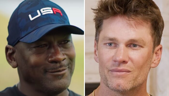 La star NBA Michael Jordan (gauche) et l'ancien quarterback NFL Tom Brady (droite)
